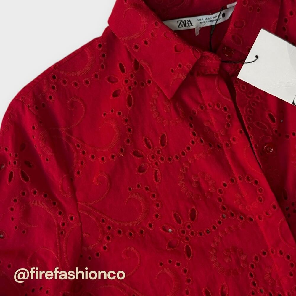 ZARA NEW Boho Hippie Western Eyelet Red Cotton Blouse Button-Up Small - Picture 5 of 10